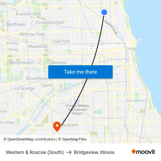 Western & Roscoe (South) to Bridgeview, Illinois map