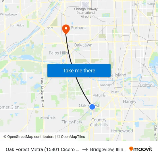 Oak Forest Metra (15801 Cicero Ave) to Bridgeview, Illinois map
