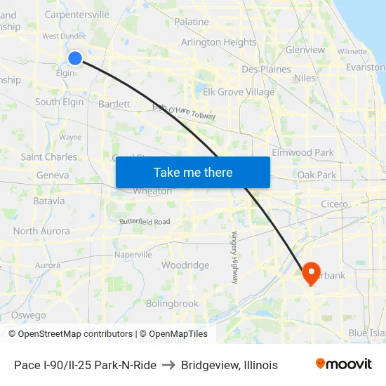 Pace I-90/Il-25 Park-N-Ride to Bridgeview, Illinois map