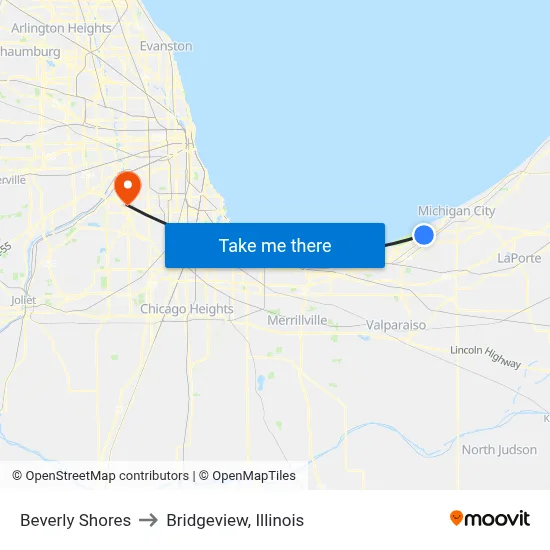 Beverly Shores to Bridgeview, Illinois map