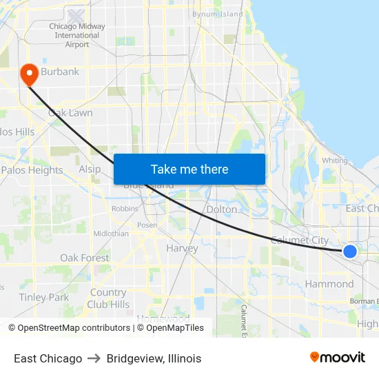 East Chicago to Bridgeview, Illinois map