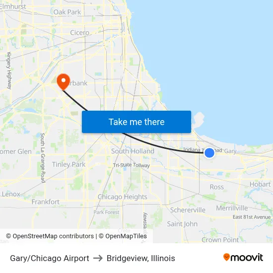 Gary/Chicago Airport to Bridgeview, Illinois map