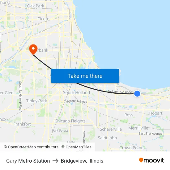 Gary Metro Station to Bridgeview, Illinois map