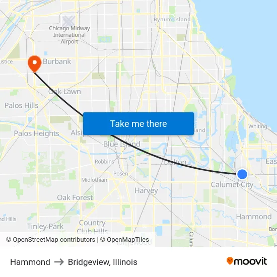 Hammond to Bridgeview, Illinois map