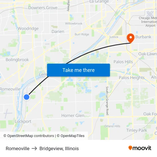 Romeoville to Bridgeview, Illinois map