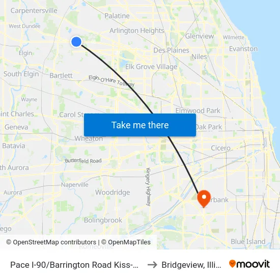 Pace I-90/Barrington Road Kiss-N-Ride to Bridgeview, Illinois map