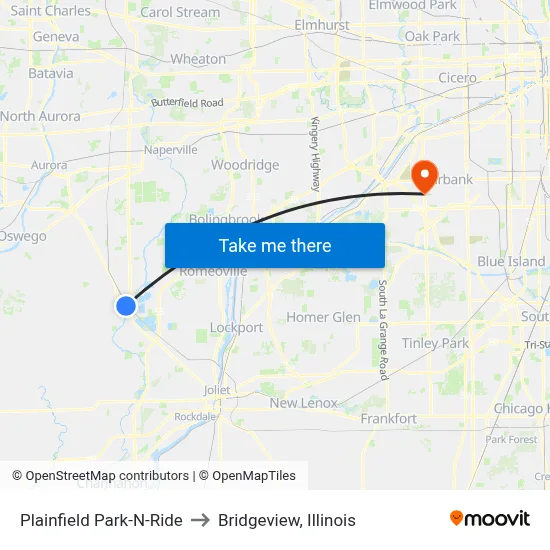 Plainfield Park-N-Ride to Bridgeview, Illinois map