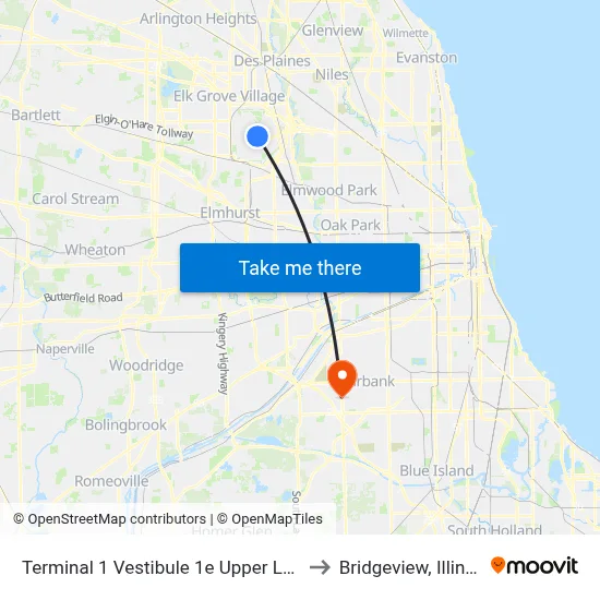 Terminal 1 Vestibule 1e Upper Level to Bridgeview, Illinois map