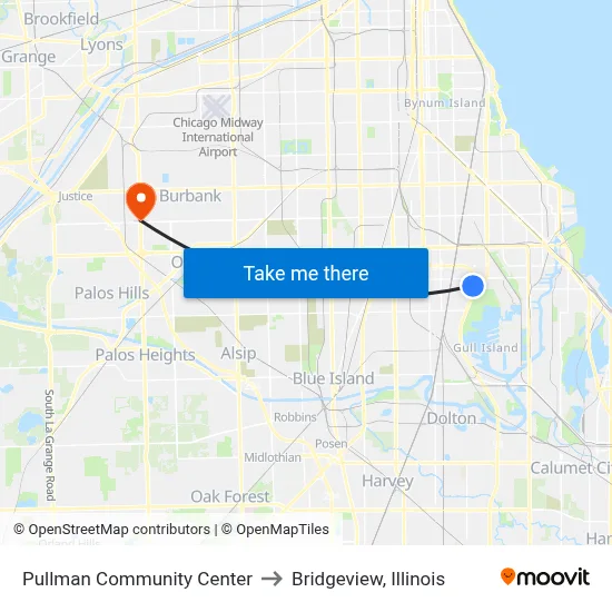 Pullman Community Center to Bridgeview, Illinois map