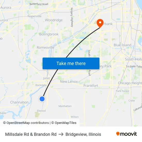 Millsdale Rd & Brandon Rd to Bridgeview, Illinois map