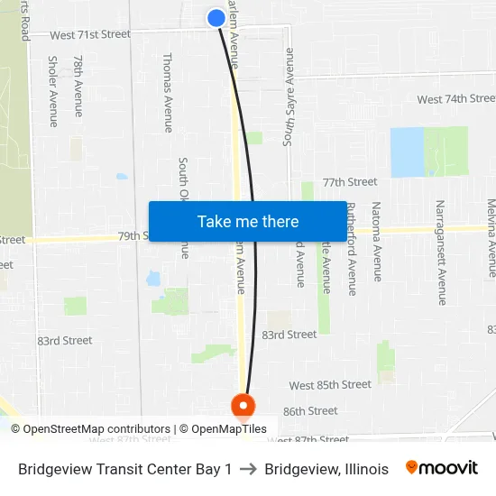 Bridgeview Transit Center Bay 1 to Bridgeview, Illinois map