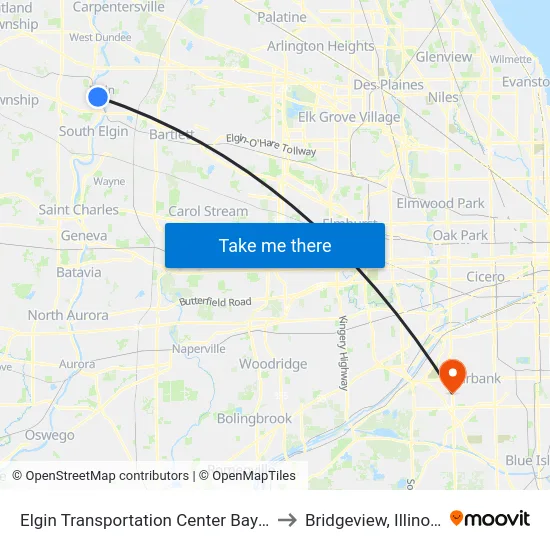 Elgin Transportation Center Bay 1 to Bridgeview, Illinois map