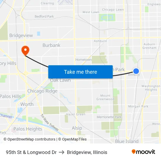 95th St & Longwood Dr to Bridgeview, Illinois map