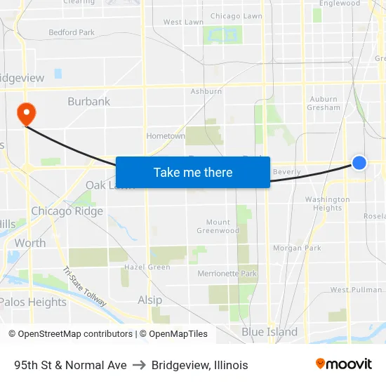 95th St & Normal Ave to Bridgeview, Illinois map