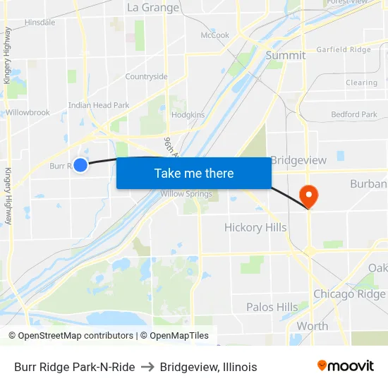 Burr Ridge Park-N-Ride to Bridgeview, Illinois map
