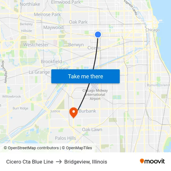 Cicero Cta Blue Line to Bridgeview, Illinois map