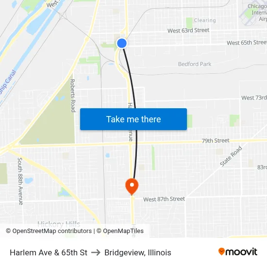 Harlem Ave & 65th St to Bridgeview, Illinois map