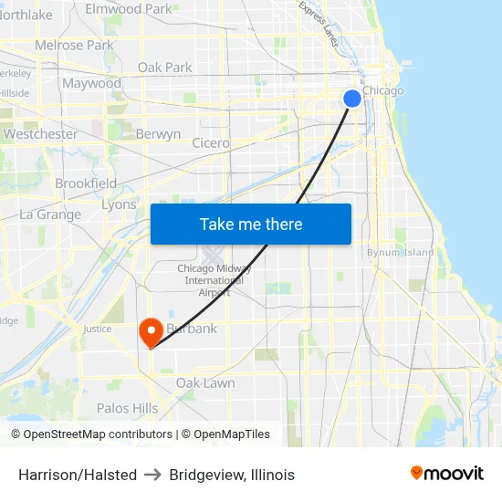 Harrison/Halsted to Bridgeview, Illinois map