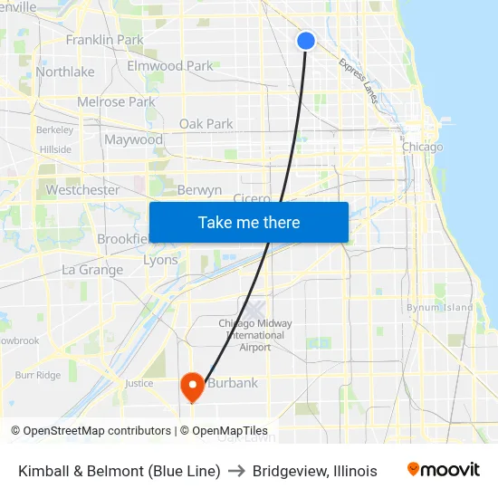 Kimball & Belmont (Blue Line) to Bridgeview, Illinois map