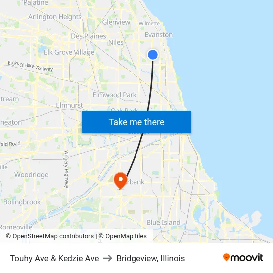 Touhy Ave & Kedzie Ave to Bridgeview, Illinois map