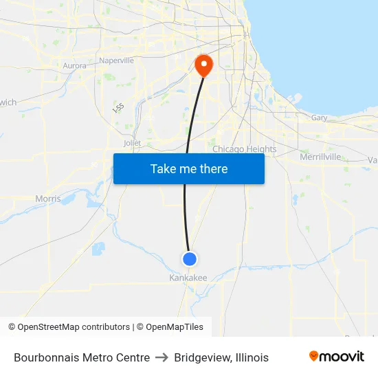 Bourbonnais Metro Centre to Bridgeview, Illinois map