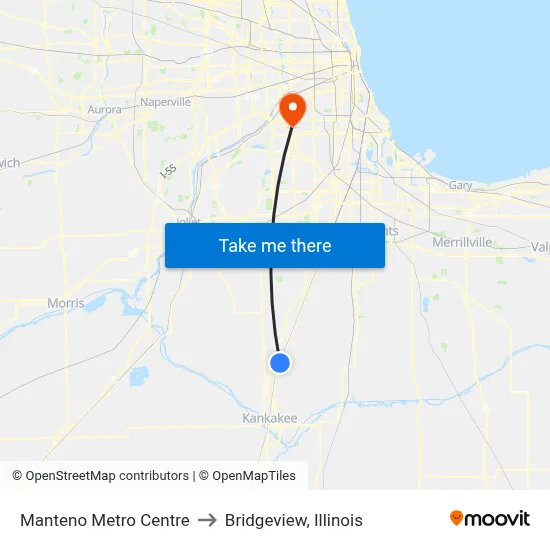 Manteno Metro Centre to Bridgeview, Illinois map