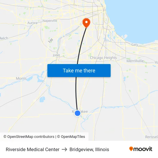 Riverside Medical Center to Bridgeview, Illinois map