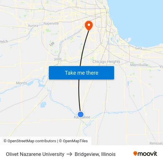 Olivet Nazarene University to Bridgeview, Illinois map