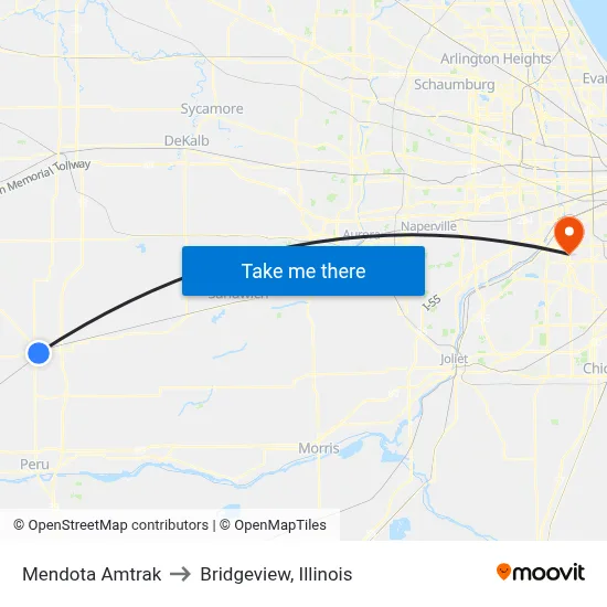 Mendota Amtrak to Bridgeview, Illinois map