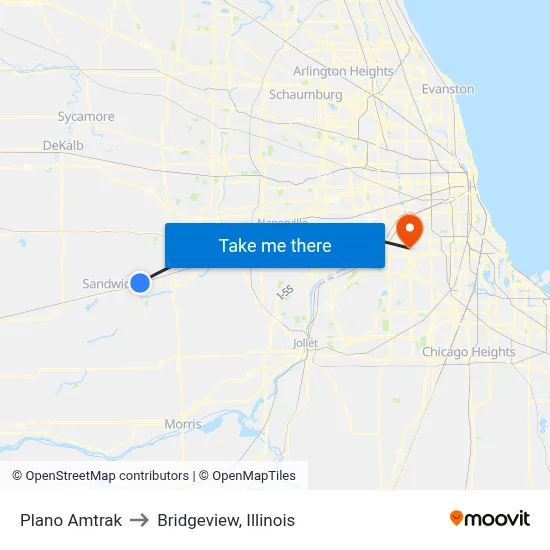 Plano Amtrak to Bridgeview, Illinois map
