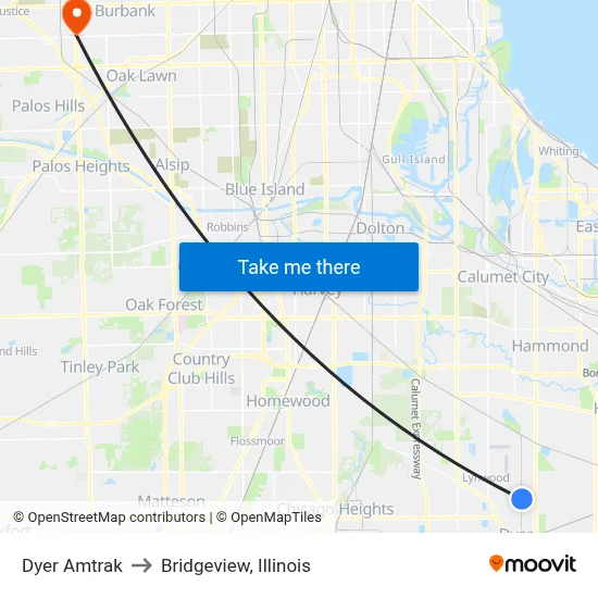 Dyer Amtrak to Bridgeview, Illinois map