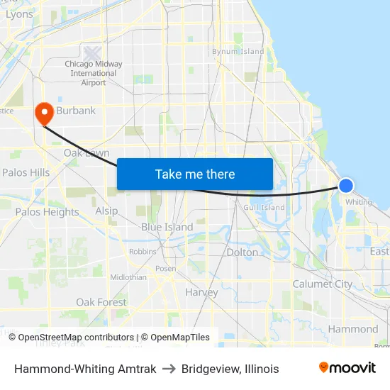 Hammond-Whiting Amtrak to Bridgeview, Illinois map