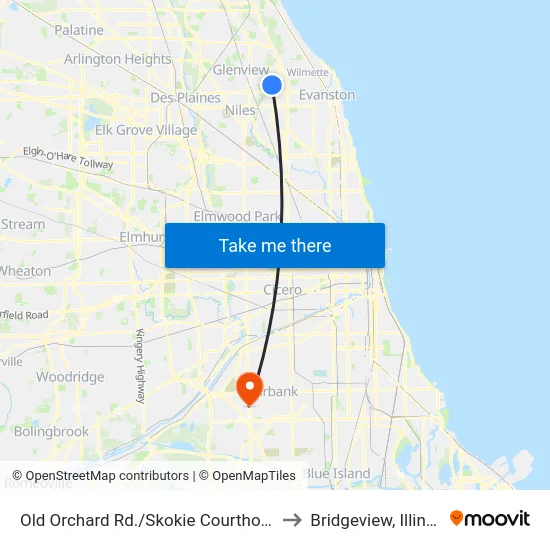 Old Orchard Rd./Skokie Courthouse to Bridgeview, Illinois map