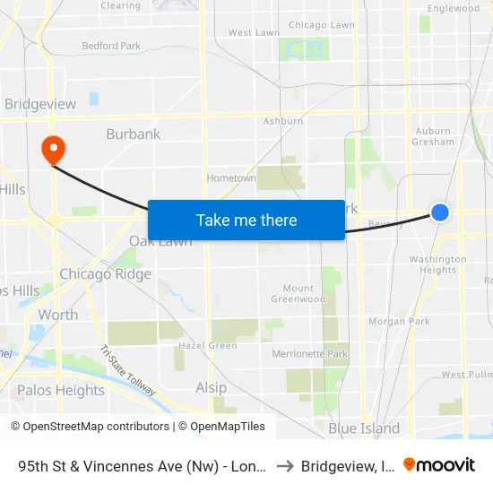 95th St & Vincennes Ave (Nw) - Longwood Metra to Bridgeview, Illinois map