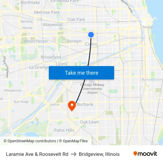 Laramie Ave & Roosevelt Rd to Bridgeview, Illinois map