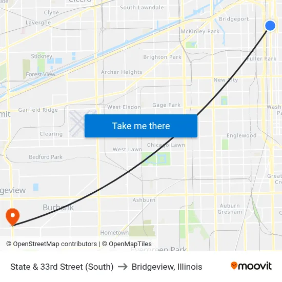 State & 33rd Street (South) to Bridgeview, Illinois map