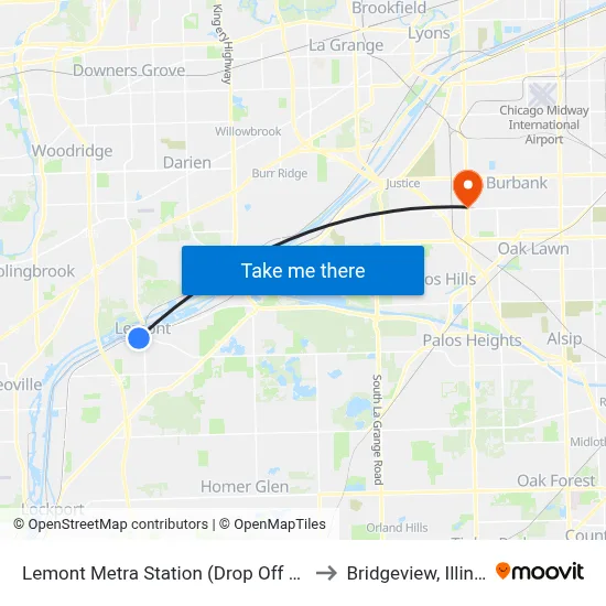 Lemont Metra Station (Drop Off Only) to Bridgeview, Illinois map