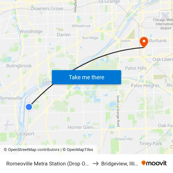 Romeoville Metra Station (Drop Off Only) to Bridgeview, Illinois map