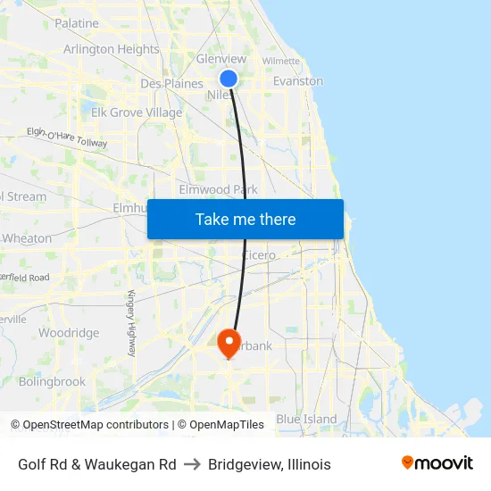 Golf Rd & Waukegan Rd to Bridgeview, Illinois map