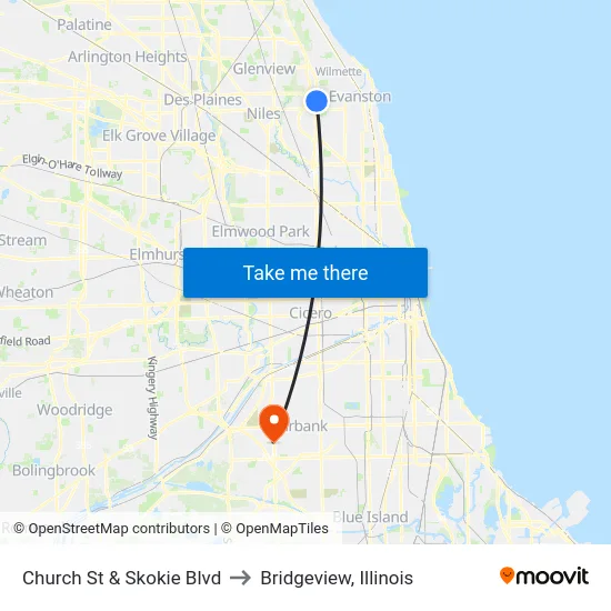 Church St & Skokie Blvd to Bridgeview, Illinois map