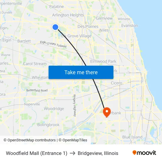 Woodfield Mall (Entrance 1) to Bridgeview, Illinois map