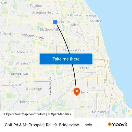 Golf Rd & Mt Prospect Rd to Bridgeview, Illinois map