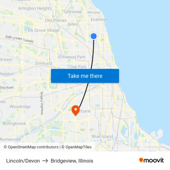 Lincoln/Devon to Bridgeview, Illinois map
