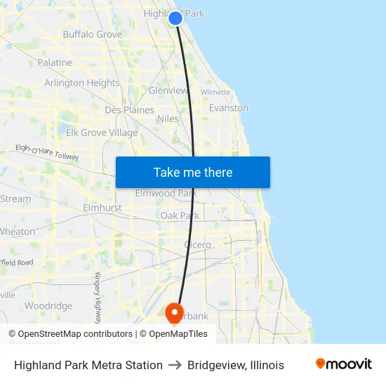 Highland Park Metra Station to Bridgeview, Illinois map