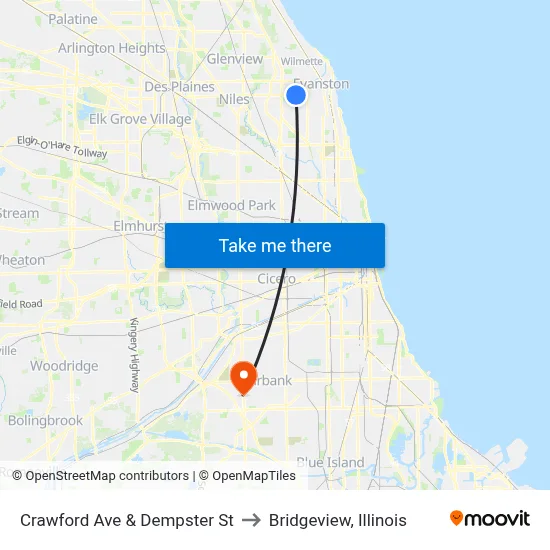 Crawford Ave & Dempster St to Bridgeview, Illinois map