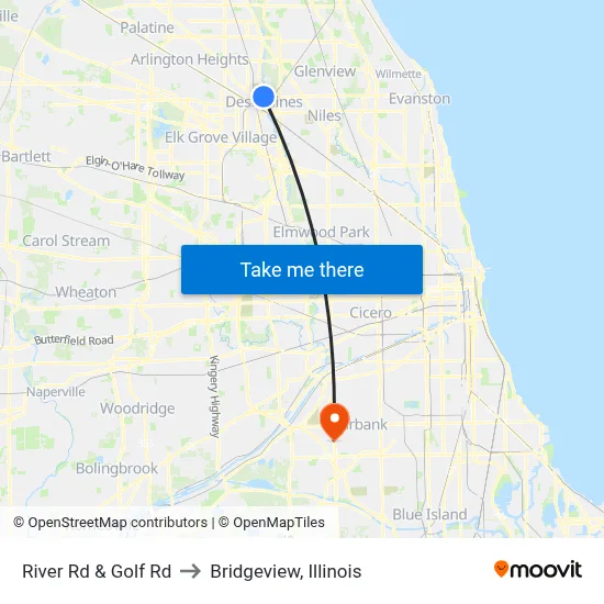 River Rd & Golf Rd to Bridgeview, Illinois map
