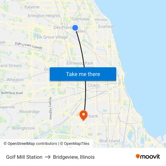Golf Mill Station to Bridgeview, Illinois map
