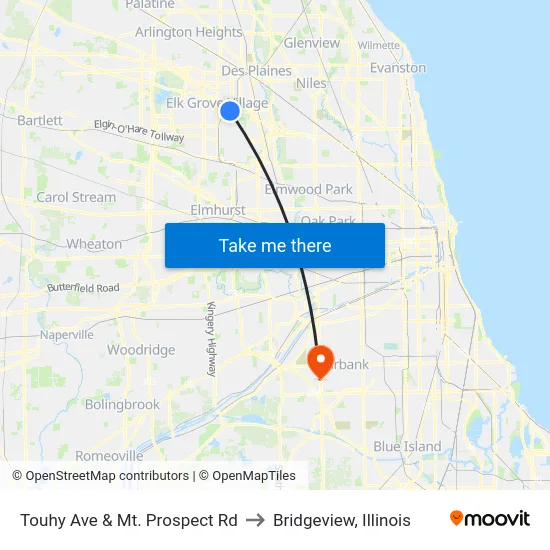 Touhy Ave & Mt. Prospect Rd to Bridgeview, Illinois map