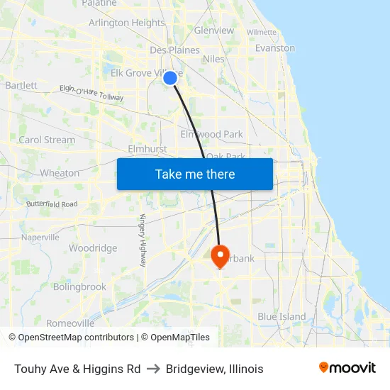 Touhy Ave & Higgins Rd to Bridgeview, Illinois map