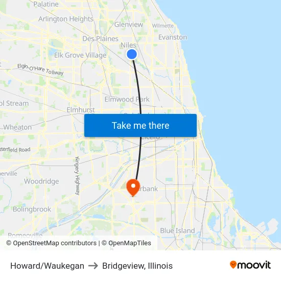 Howard/Waukegan to Bridgeview, Illinois map